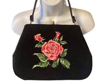 Needlepoint Handbag Purse Vintage 50s Handmade Black with Red Roses Front and Back Brass Hardware Top Handle Evette