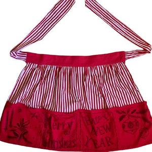 Vintage 1950s Christmas Happy New Year Half Apron Red White Stripes Pockets OS