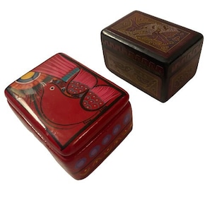 Trinket Boxes Set of Two Bird Theme Mexican Folk Art Wood Ceramic Hand Painted Handmade Jewelry Box