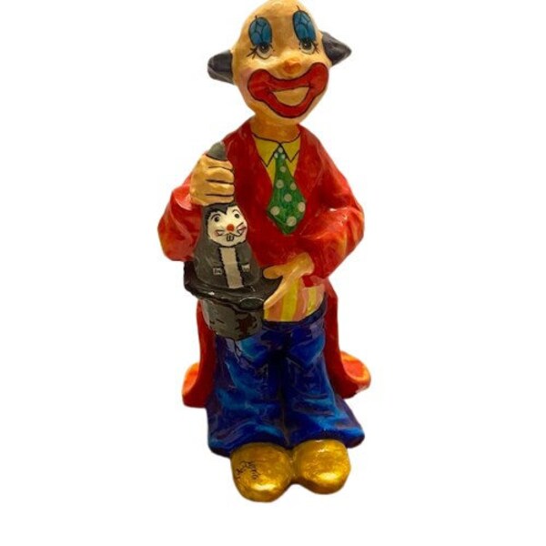 Art folklorique mexicain, clown en papier mâché, magicien avec lapin, grande figurine colorée, fait main, vintage des années 1970