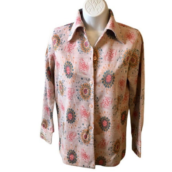 Double Knit Leisure Shirt Top Blouse Jacket Polyester Button Front Vintage 60s 70s Abstract Floral Turquoise Gold Coral