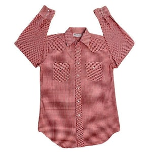 Sheplers Vintage 1970s Western Shirt Red White Gingham Check Pearl Snaps Long Sleeves Medium