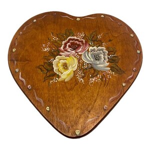 Wooden Heart Box Large Handmade Hand Painted Folk Art Tole Style Country Cottage Farmhouse Decor