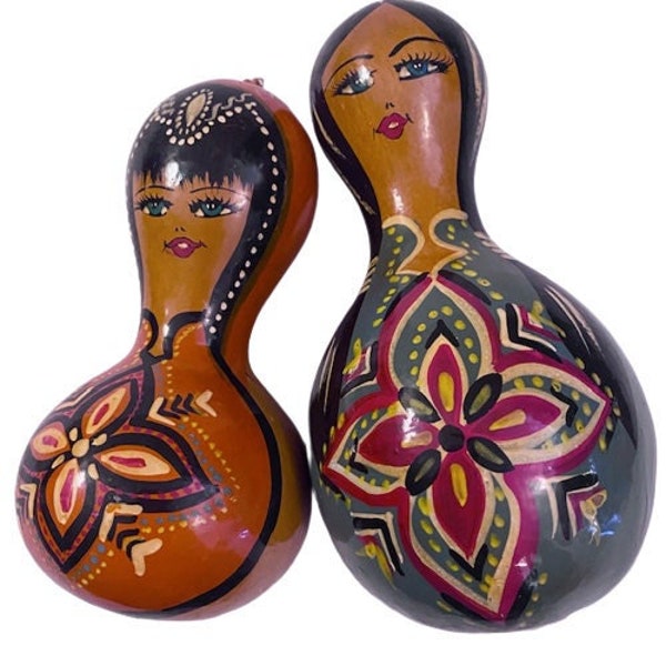 Folk Art Gourd Rattles Handpainted Shakers Set of Two Ladies Lacquered Figurines Dolls Maracas Instruments