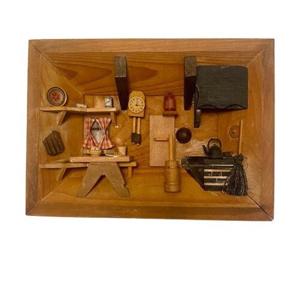 Shadow Box Kitchen Diorama Vintage 1970s 3D Wooden Diorama Old Fashioned Kitchen Very Detailed Gallery Wall Ready to Hang