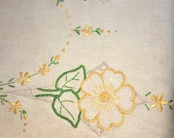 Vintage Dresser Scarf Table Runner Hand Embroidered Yellow Green Linen