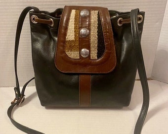 Crossbody Shoulder Bag Leather Mixed Material Black Brown Wool Adjustable Strap Vintage Conchos Western Southwestern Style