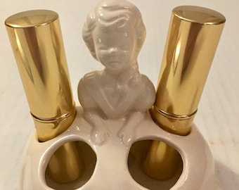 Ceramic Lipstick Holder Vintage Mid Century Creamy Ivory Holds Four Lipsticks
