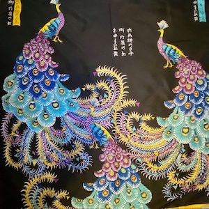 Peacock Print Scarf Blues Purples Gold on Black Vintage 1950s Acetate Made in Italy