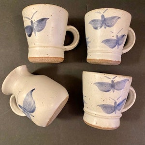 Art Pottery Mugs and Creamer Set of Three Mugs and One Cream Pitcher Speckle Glaze Blue Butterflies Handmade Ceramic