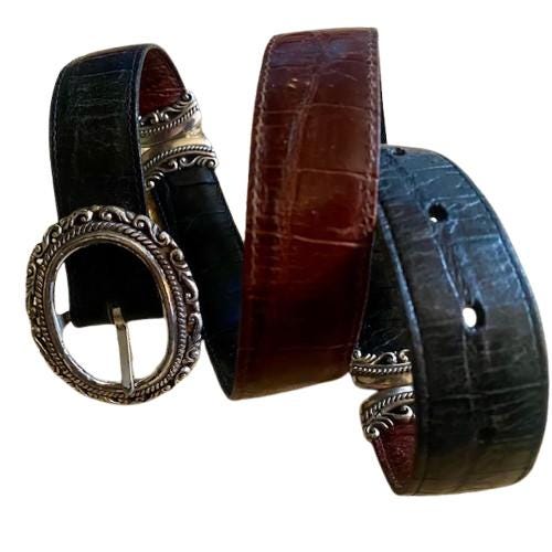 Vintage Y2K Brighton Brown & Black Reversible Croc Embossed Leather Belt Medium Reversible Belt Small | Black Classic Croc | BRAHMIN main image 4