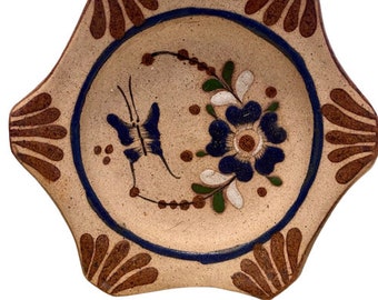 Tonala Pottery Dish Mexican Folk Art Trinket Dish or Wall Decor Butterfly Floral Handmade Hand Painted Art Pottery Stoneware