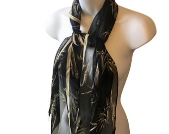 Silk Scarf Bamboo Print Cream on Black Semi Sheer Oblong 60s Korea