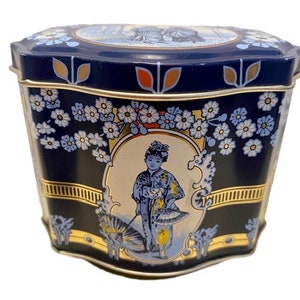 Decorative Tea Tin Made in England Blue White Gold Hinged Lid