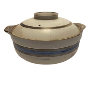 Otagiri Horizon Casseruola rotonda con coperchio Vintage anni &#39;70 in gres giapponese, toni della terra, strisce blu