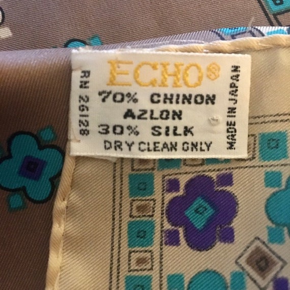 Chinon Silk Echo Scarf Vintage 70s Tan Turquoise … - image 4