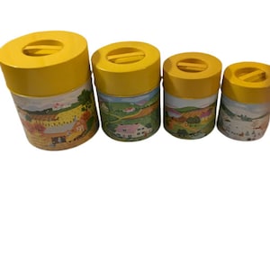 Takahashi Tin Canister Set Farm Scenes Vintage 60s Nesting Set of Four