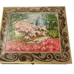 Decorative Tin Sunshine Biscuits Vintage 60s US Capitol Cherry Trees in Bloom Large Hinged Lid