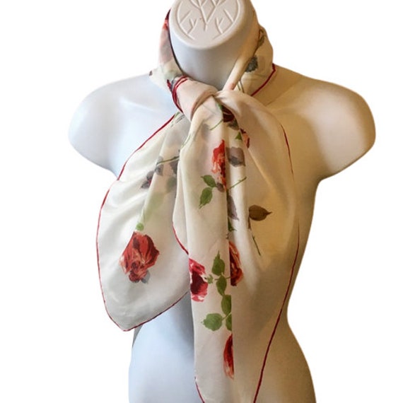 Silk Rayon Scarf Red Long Stemmed Red Roses Vinta… - image 3