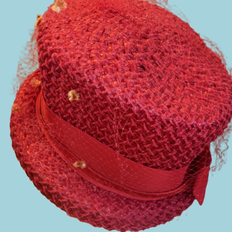 Parkridge Exclusives Vintage Red Straw Hat Red Netting Overlay