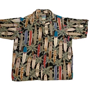 Hawaiian Shirt Reyn Spooner Surfboard Print Palm Trees Vintage 90s Rayon Large
