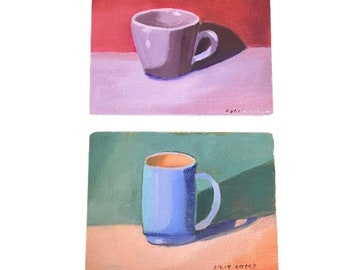 Original Art Acrylic Paintings Set of Two Coffee Cups Colorful Kitchen Decor Gallery Wall Signed