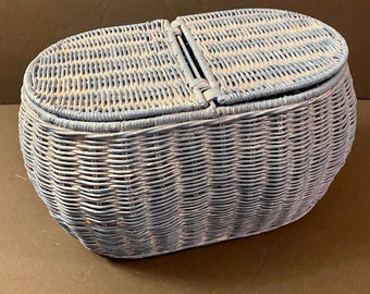 Wicker Basket Double Lid Blue Decorative Storage Very Vintage Farmhouse Country Cottage Decor