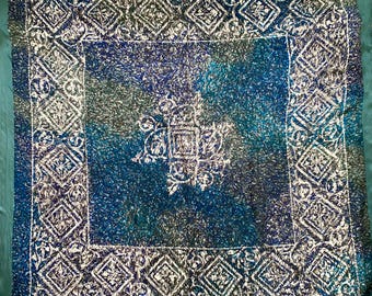 Elwin Silk Scarf Mid Century Japan Green Batik Block Style Print Square