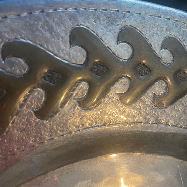 Hand Hammered Metal Serving Platter Round Tray Brass Inlay Rim Use or ...