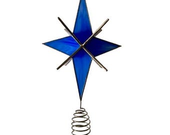 Christmas Tree Topper Blue Moravian Star 3D Stained Glass Handmade