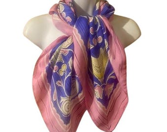 Silk Scarf Folk Art Style Print Bright Pastels Large Square Birds Dancers