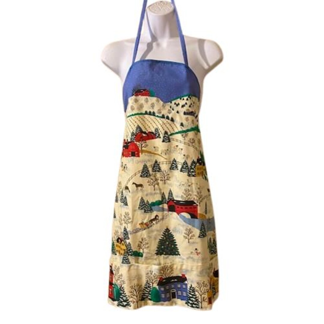 Christmas Bib Apron Winter Farm Village Scene Pockets - Etsy