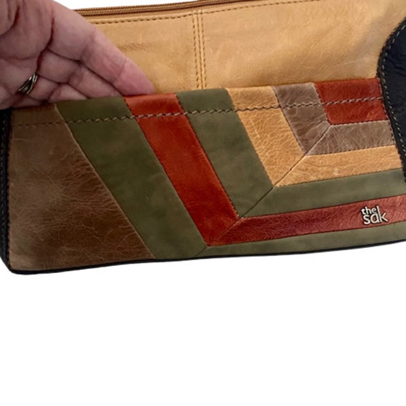 The Sak Leather Shoulder Bag Patchwork Neutral Colors Vintage 90s image 6