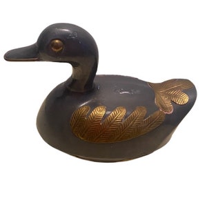 Trinket Box Pewter Duck Brass Overlay Vintage