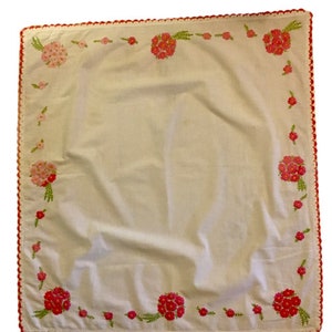 Vintage Hand Embroidered Linen Tablecloth Pink White Crochet Hem