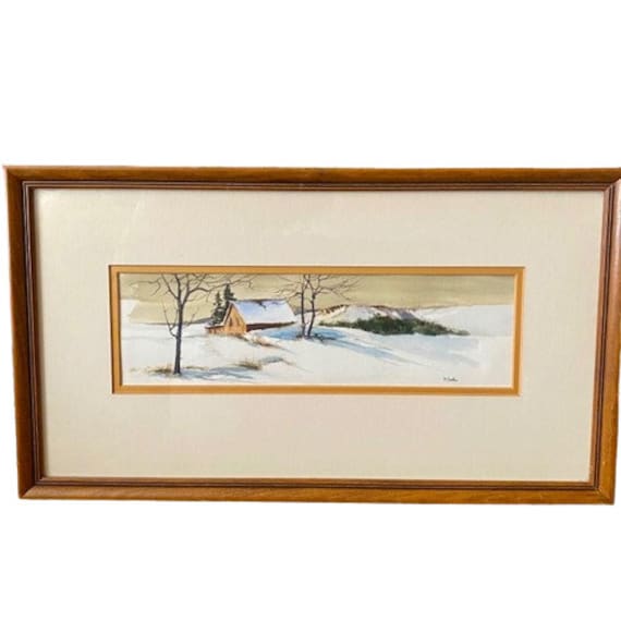 オリジナル水彩画 冬の納屋の風景 コロラドの風景 サイン入り ガラスの
