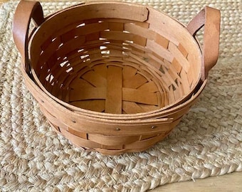 Longaberger mand handgemaakte leren handgrepen ronde vintage jaren 1990 ondertekend handgeweven boerderij land decor