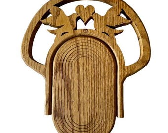 Collapsible Wooden Basket Trivet Handmade Doves Hearts