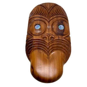 Wooden Hand Carved Skull Mask Kauri Tree New Zealand Mother of Pearl Eyes Gallery Wall Tiki Bar Eclectic Decor