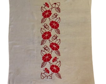 Vintage White Linen Tablecloth Red Poppies Applique and Embroidery Down Center