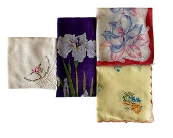Fancy Floral Hankies Lot of Four Cotton Linen