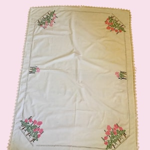 Vintage Tablecloth Hand Embroidered Pink Flowers Oblong