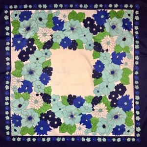 Scarf Made in Taiwan Water Repellent Blue Floral Square Vintage 1970s