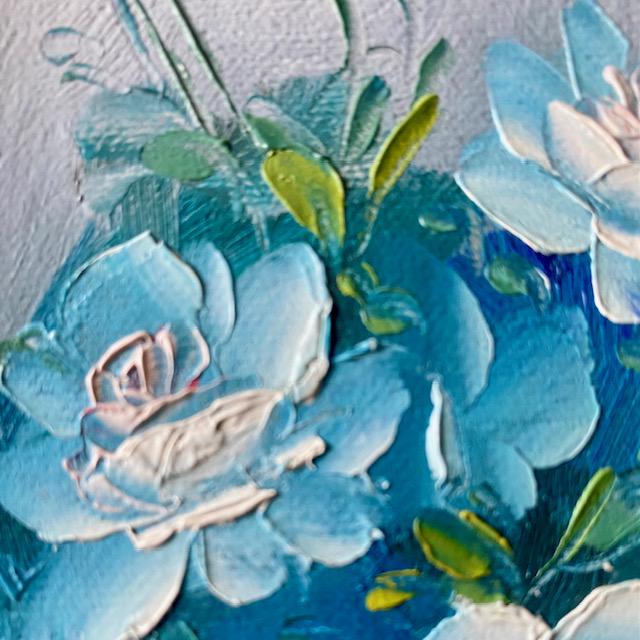 オリジナルアクリル画「バラの花の静物画」青の色合いとサイン入り額