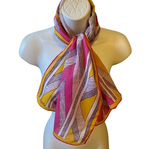 Vera Neumann Scarf Vintage 1970s Pink Yellow Geometric Chevron Made in Japan Oblong