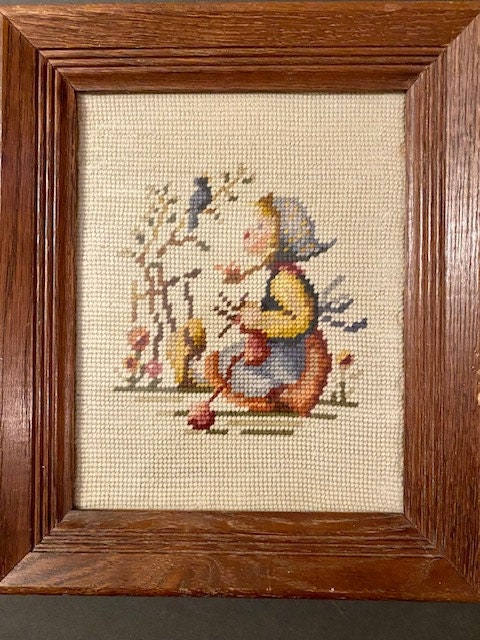 Vintage Partially Completed Needlepoint Canvas Hummel Like Boy 7x8 w  Needles