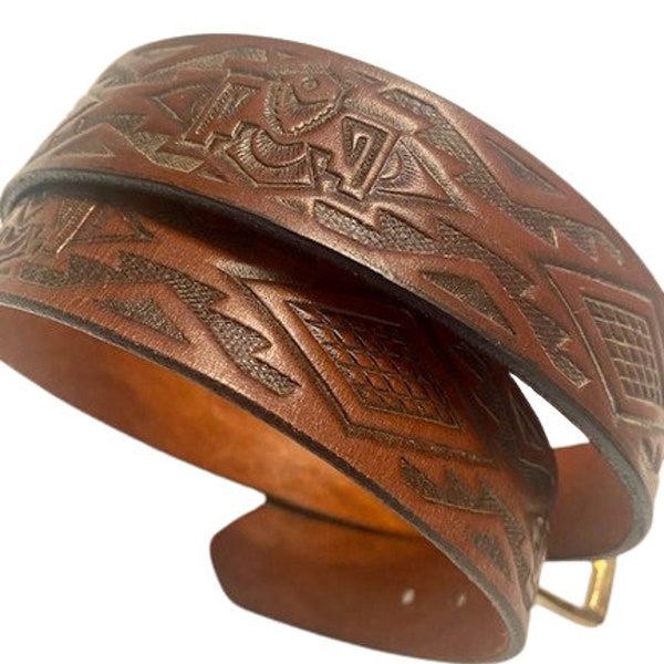 Leather Hand Tooled Belt Western Southwestern Style Thunderbirds Geometric Designs Brass Buckle Vintage 1990s Size 38