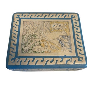 Wooden Trinket Jewelry Box Keepsakes Hand Painted Folk Art Blue Yellow Birds Bunny Rabbits Hinged Lid