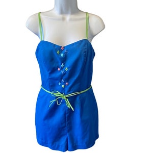 Sea Waves Spielanzug Vintage 1970s Badeanzug Blau Bestickte Baumwolle Poly