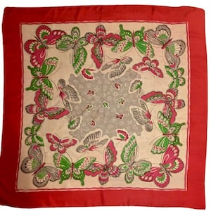 Silk Scarf Butterfly Print Very Vintage 40s 50s Hot Pink Green Gray White Large Square Hand Rolled Hems